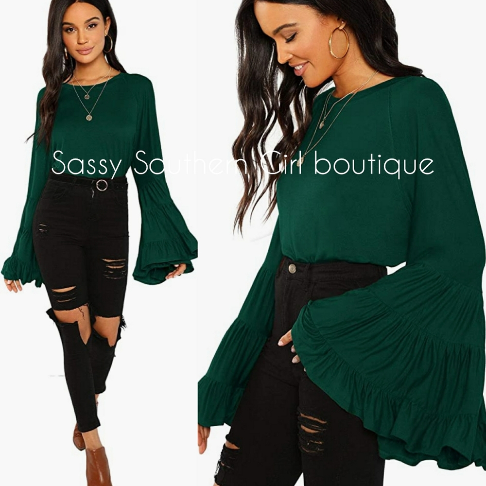 ⭐🆕 Boho dark green ruffle bell sleeve jersey top